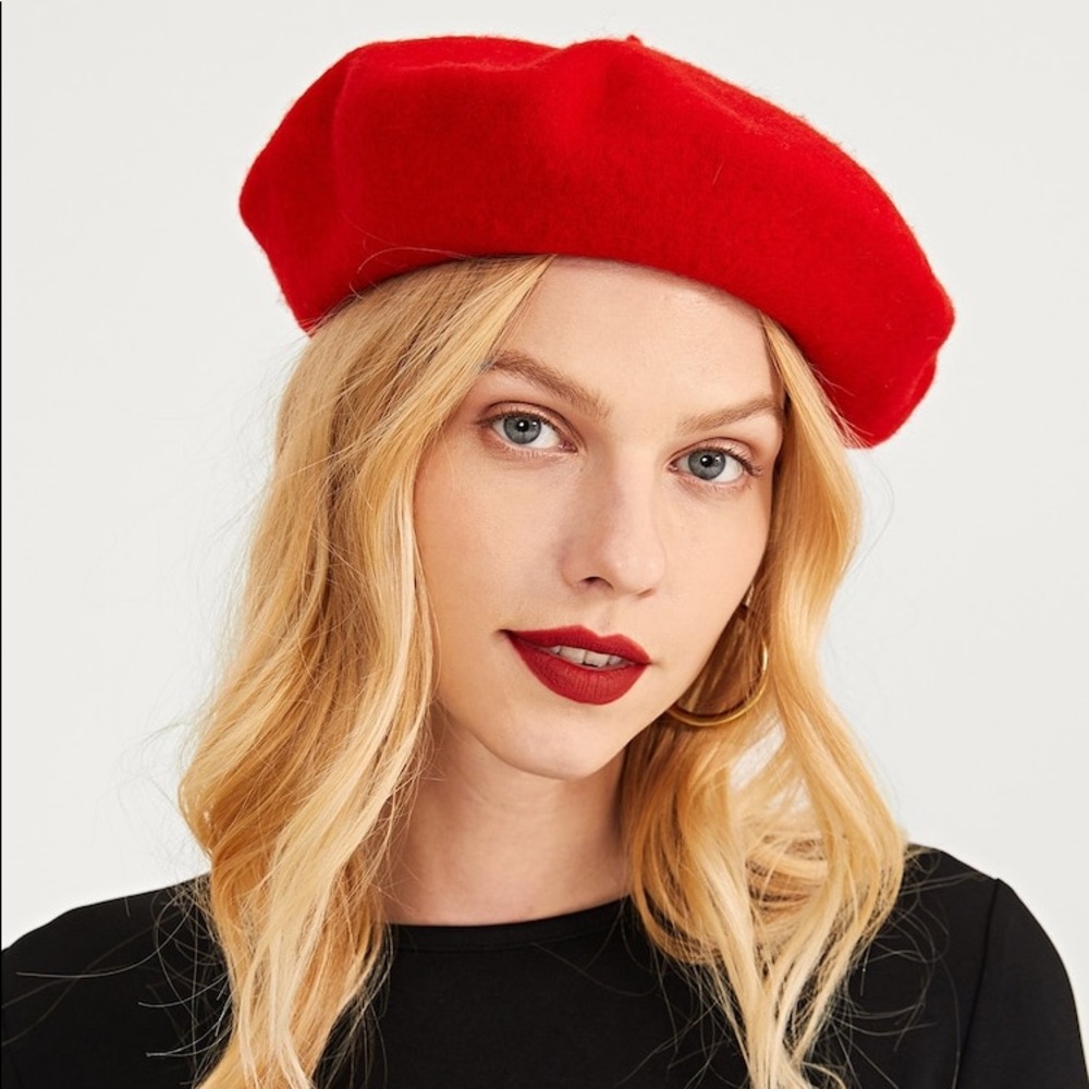 Glam boho classic beret hat red felt french style tiktok y2k - Picture 4 of 5